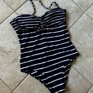 OYSHO Navy Blue and White Striped One Piece Swimsuit